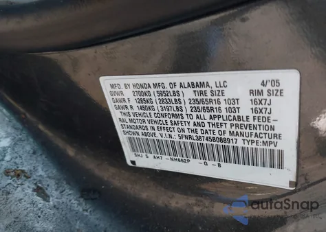 2005 Honda Odyssey Ex-L from USA, damaged, VIN 5FNRL38745B088917